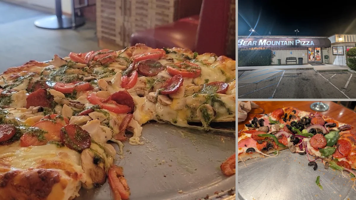 Pizza restaurant interior with simple seating.